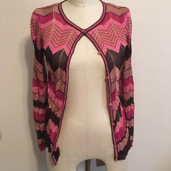 Cache Pink-Fuchsia-Rose Gold-Brown Metallic Chevron Print Cardigan Sweater XS - Picture 2 of 7